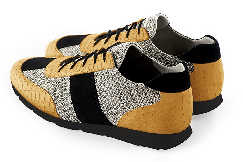 Mustard yellow, ash grey and matt black three-tone dress sneakers for men. Round toe. Flat rubber soles. Rear view - Florence KOOIJMAN